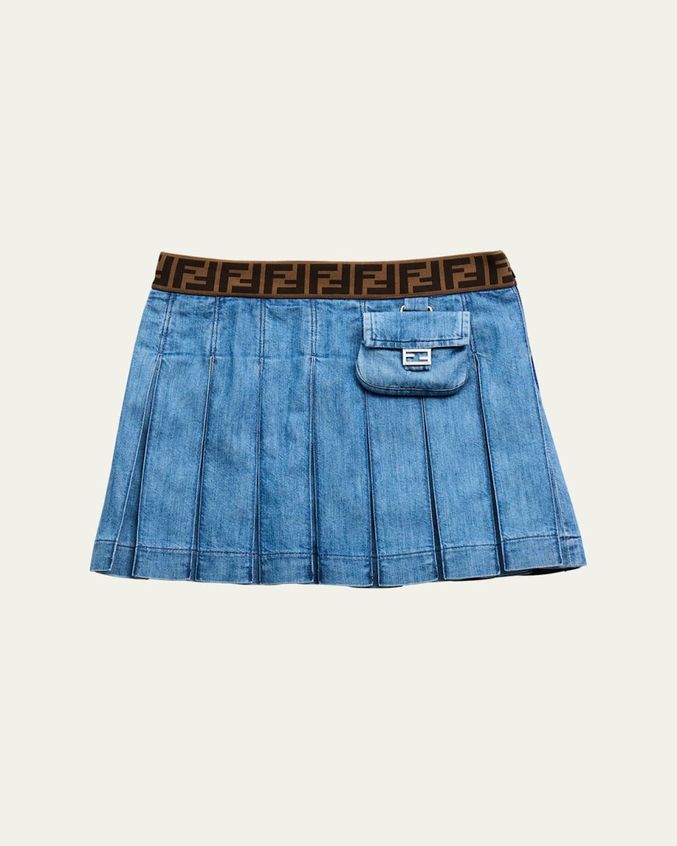 Girl's Pleated Monogram Denim Skirt, Size 8-12